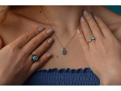 14K Yellow Gold Blue Spinel & CZ Chain With Pendant