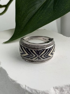 JWBR 925 Sterling Silver Enamel Zebra Stripe Diamonds Ring Size 8
