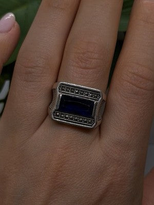HarlemBling 925 Sterling Silver Sapphire & Marcasite Ring Size 8