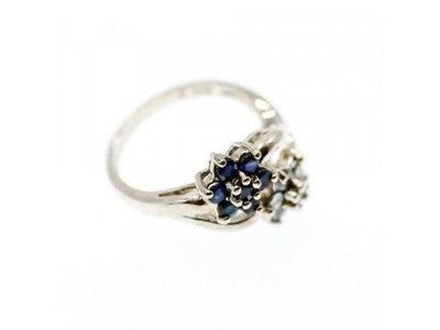 925 Sterling Silver Blue Sapphire & White Topaz "Flowers" Ring Size 7