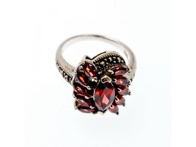 925 Sterling Silver Spessartine & Marcasites Ring Size 6.5