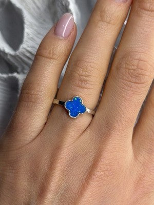 Clover 925 Sterling Silver Blue Simulated Opal Ring Size 7