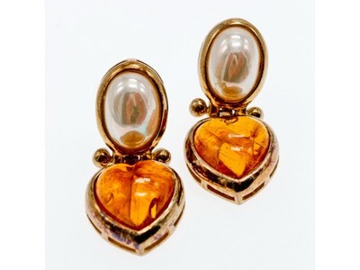 Vintage 800 Silver Gold Plated Amber & Mother OF Pearl "Heart" Earrings