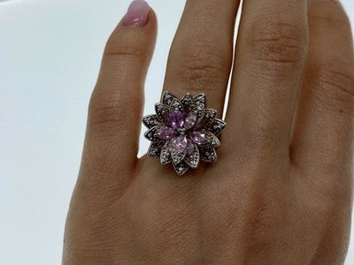925 Sterling Silver Pink & White CZ "Flower" Ring Size 6.5