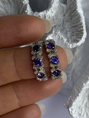 925 Sterling Silver Amethyst & Marcasite Earrings Length 0.80 Inch