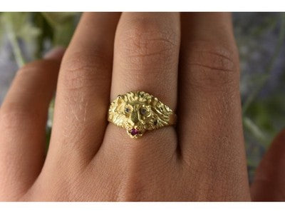 14K Yellow Gold Ruby & Quartz "Lion" Ring Size 8.5