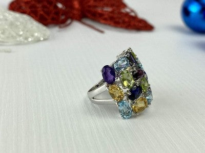 925 Sterling Silver Multi Gemstones Ring Size 6.5
