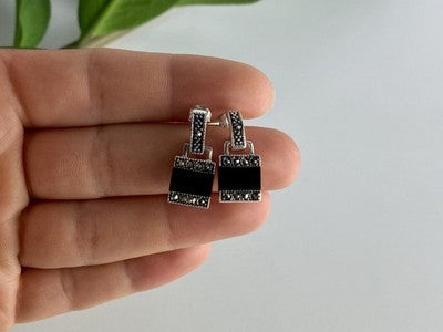 925 Sterling Silver Black Nephrite & Marcasites Earrings