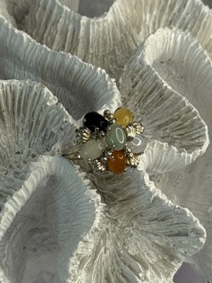 925 Sterling Silver 6 Colors Of Jade Flower Ring Size 8, 9