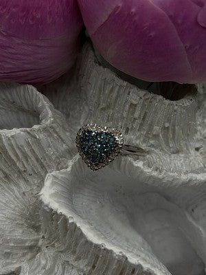 14K White Gold Heart Blue & White Diamonds Ring Size 6