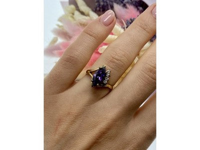 925 Sterling Silver Gold Plated Amethyst & CZ Ring Size 7