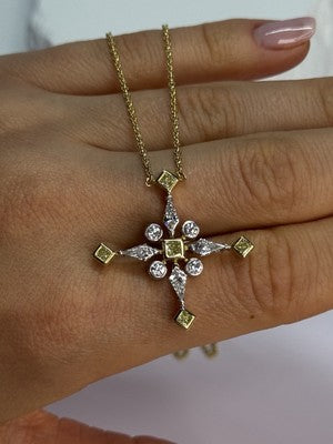 18K 750 YELLOW GOLD YELLOW & WHITE DIAMONDS 6.26 CT CROSSNECKLACE LENGTH 18 INCH