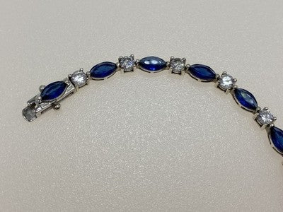 925 Sterling Silver Blue Spinel & CZ Bracelet Size 7.5 IN