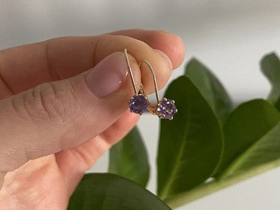 925 Sterling Silver Gold Plated Purple CZ Classic Earrings