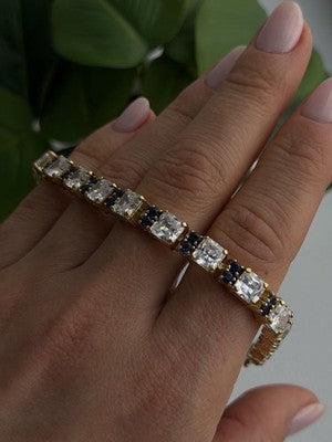 925 Sterling Silver Gold Plated White Colorless & Blue Cz Bracelet 7.5