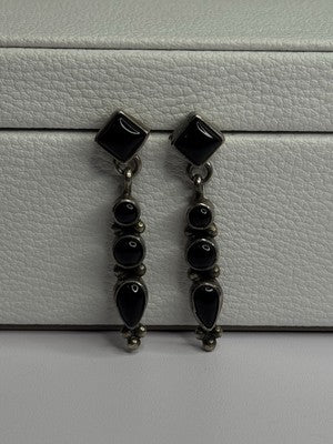 Vintage Jeneva J.A. 925 Sterling Silver Black Onyx Earrings Length 1.60 Inch
