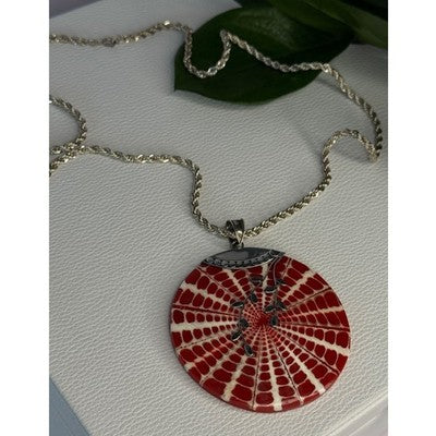 Vintage 925 Sterling Silver Red Shell Necklace Pendant Length 3 inch
