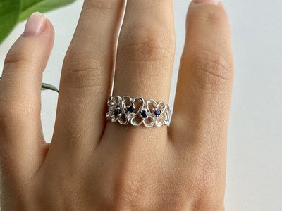 925 Sterling Silver Sapphires "Hearts" Ring Size 9.5