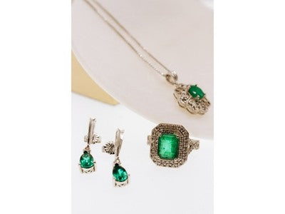925 Sterling Silver Emerald & Beryl Chain With Pendant