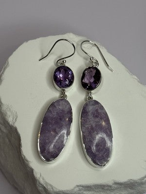 925 Sterling Silver Lepidolite & Amethyst Earrings Length 2.5 Inch