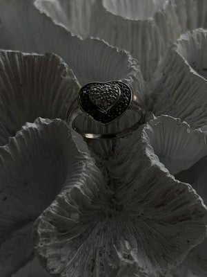 925 Sterling Silver White & Black Spinel Heart Ring Size 7.5