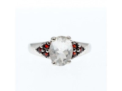 925 Sterling Silver Goshenite & Garnet Ring Size 8