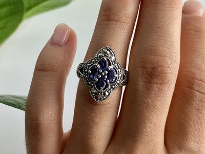 Vintage 925 Sterling Silver Amethyst & Marcasites Ring Size 5.5