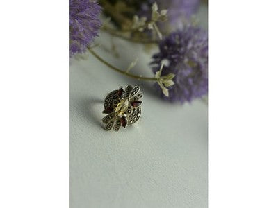 925 Sterling Silver Heliodor, Almandine & Marcasites Ring Size 8