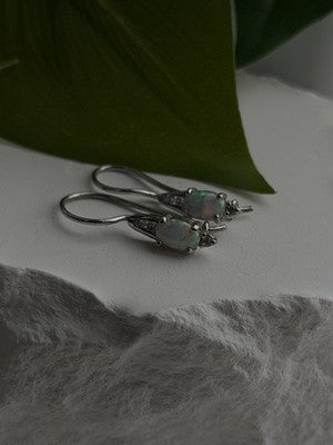 Art Deco Vintage 925 Sterling Silver Opal & Beryl Drop Earrings