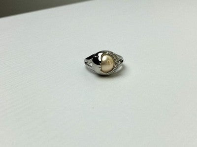 Ring With Pearl and CZ "Moon" Size 7.5