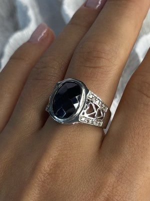 925 Sterling Silver Onyx & Beryl Ring Size 9