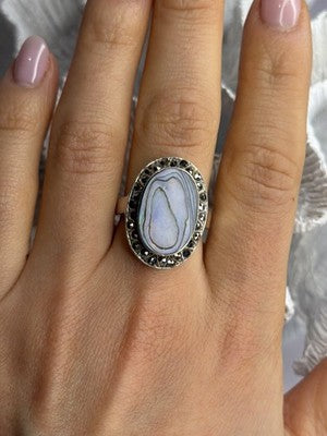 925 Sterling Silver Abalone & Marcasite Ring Size 9