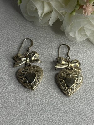 Vintage 925 Sterling Silver Heart Earrings Length 1.70 Inch
