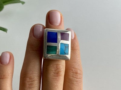 925 Sterling Silver Multicolor Agate Ring Size 5.5