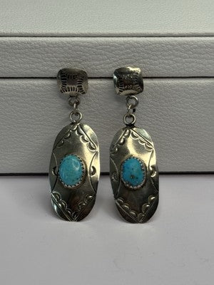 Vintage Native American 925 Sterling Turquoise Silver Earrings Length 1.90 Inch