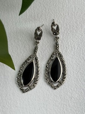 Elegant Vintage 925 Sterling Silver Onyx & Marcasite Earrings