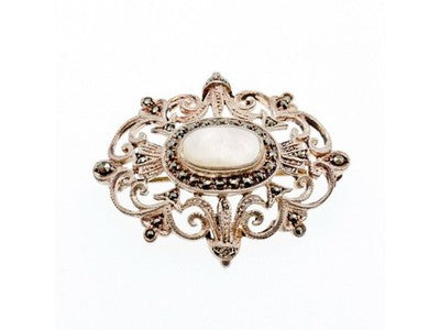 Vintage 925 Sterling Silver Mother of Pearl and Marcasites Brooch