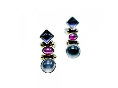 925 Sterling Silver Moonstone, Sapphire & Ruby Stud Earrings