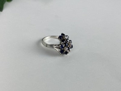 925 Sterling Silver Sapphire & CZ "Flowers" Ring Size 6.75