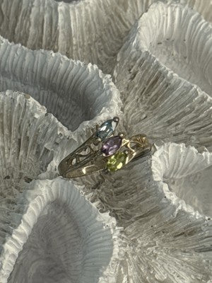 925 Sterling Silver Peridot, Amethyst & Topaz Ring Size 8