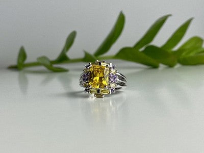 925 Sterling Silver Yellow & Purple CZ Ring Size 7