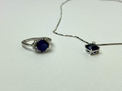 925 Sterling Silver London Blue Topaz Ring & Chain With Pendant Set