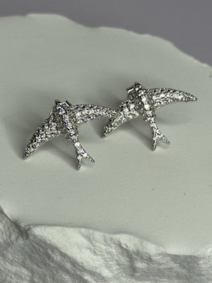 925 Sterling Silver Swallow Stud Earrings CZ Length 0.55 Inch