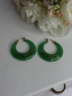 925 Sterling Silver Gold Plated Green Nephrite Jade Earrings Length 1.40 Iinch