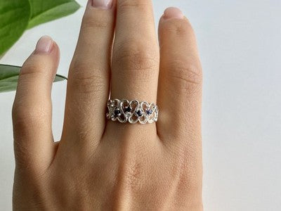 925 Sterling Silver Sapphires "Hearts" Ring Size 9.5