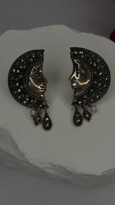 Half Moon Face Design 925 Sterling Silver Marcasite Stones Earrings