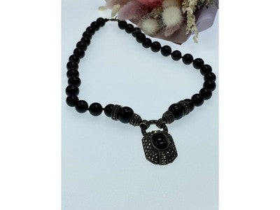 Vintage 925 Sterling Silver Black Jade and Marcasites Necklace