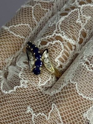 10K Yellow Gold Blue Topaz & White Topaz Ring Size 8