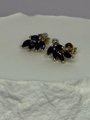 14K Yellow Gold Sapphire & Diamond Dream Earrings Length 0.4 Inch