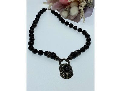 Vintage 925 Sterling Silver Black Jade and Marcasites Necklace